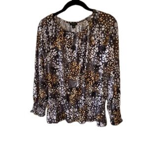 Ann Taylor Factory Black White Orange Floral Peplum Blouse S